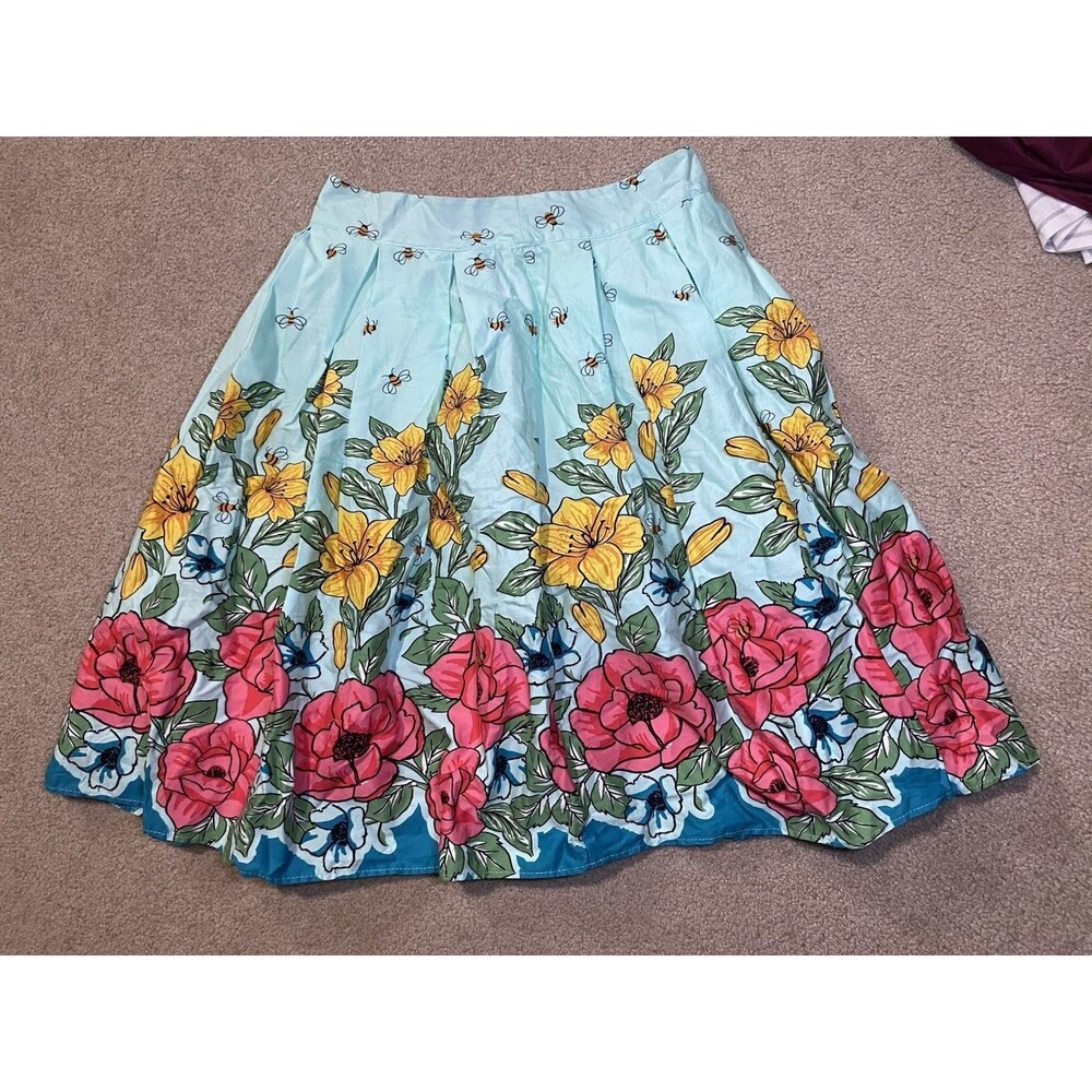Retro 50s Style A-Line Skirt Blue Bumble Bee Floral Knee Length Large